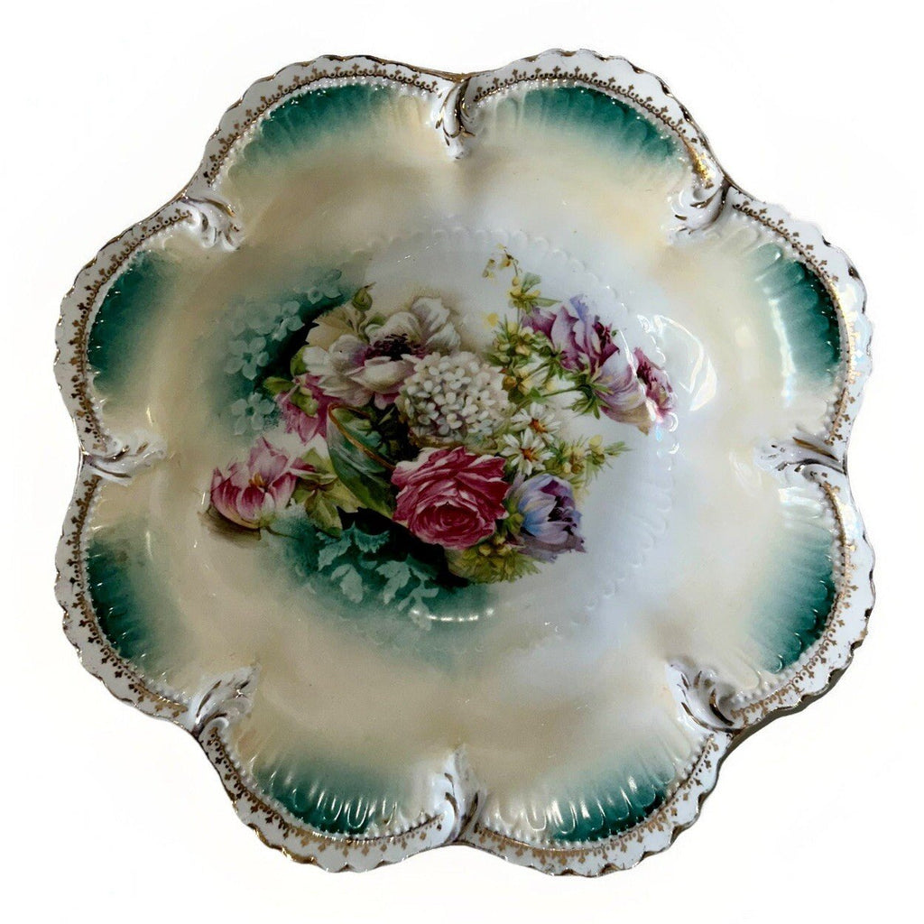 RS Prussia Serving Bowl Scalloped Rim Rose & Hyacinth Bouquet 10 7/8" Antique - AntiquesEtceteraRS Prussia Serving Bowl Scalloped Rim Rose & Hyacinth Bouquet 10 7/8" AntiqueRS PrussiaAntiquesEtcetera