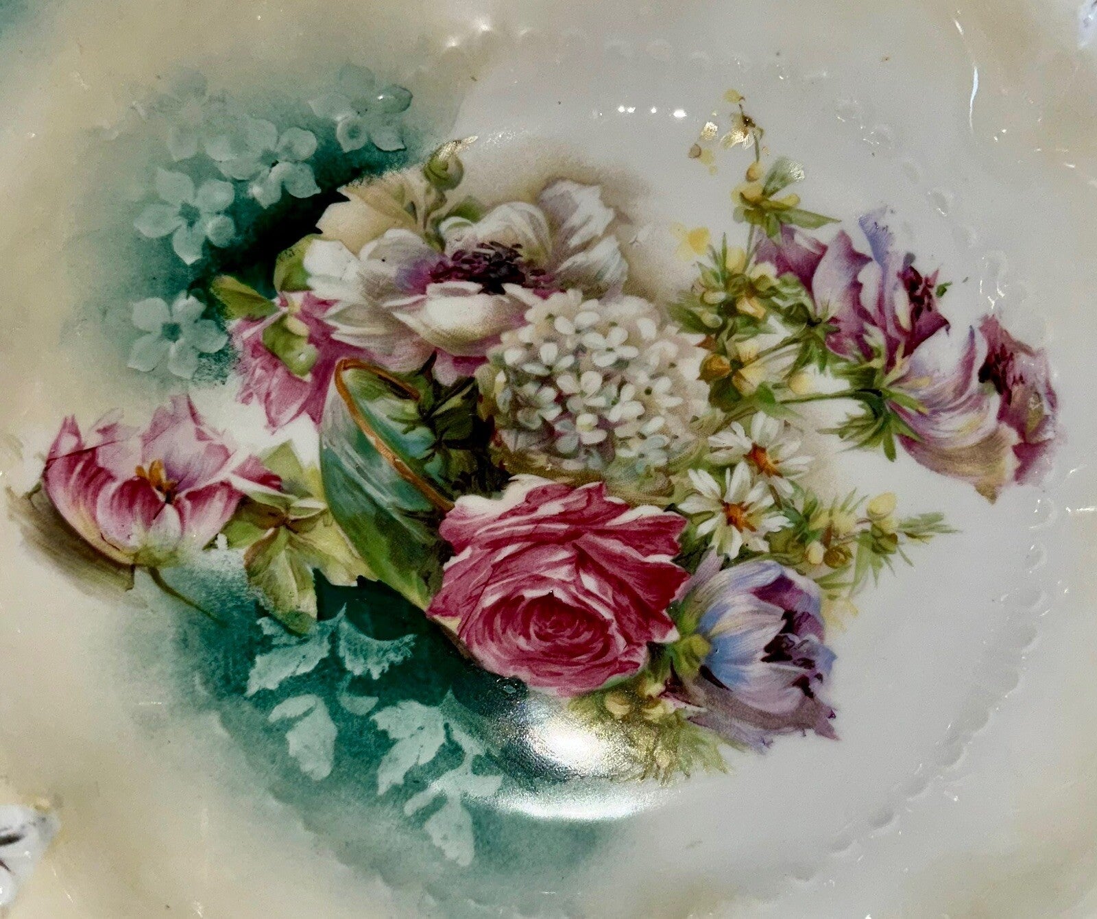 RS Prussia Serving Bowl Scalloped Rim Rose & Hyacinth Bouquet 10 7/8" Antique - AntiquesEtceteraRS Prussia Serving Bowl Scalloped Rim Rose & Hyacinth Bouquet 10 7/8" AntiqueRS PrussiaAntiquesEtcetera