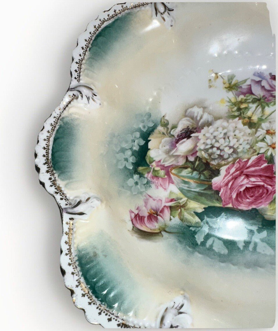 RS Prussia Serving Bowl Scalloped Rim Rose & Hyacinth Bouquet 10 7/8" Antique - AntiquesEtceteraRS Prussia Serving Bowl Scalloped Rim Rose & Hyacinth Bouquet 10 7/8" AntiqueRS PrussiaAntiquesEtcetera