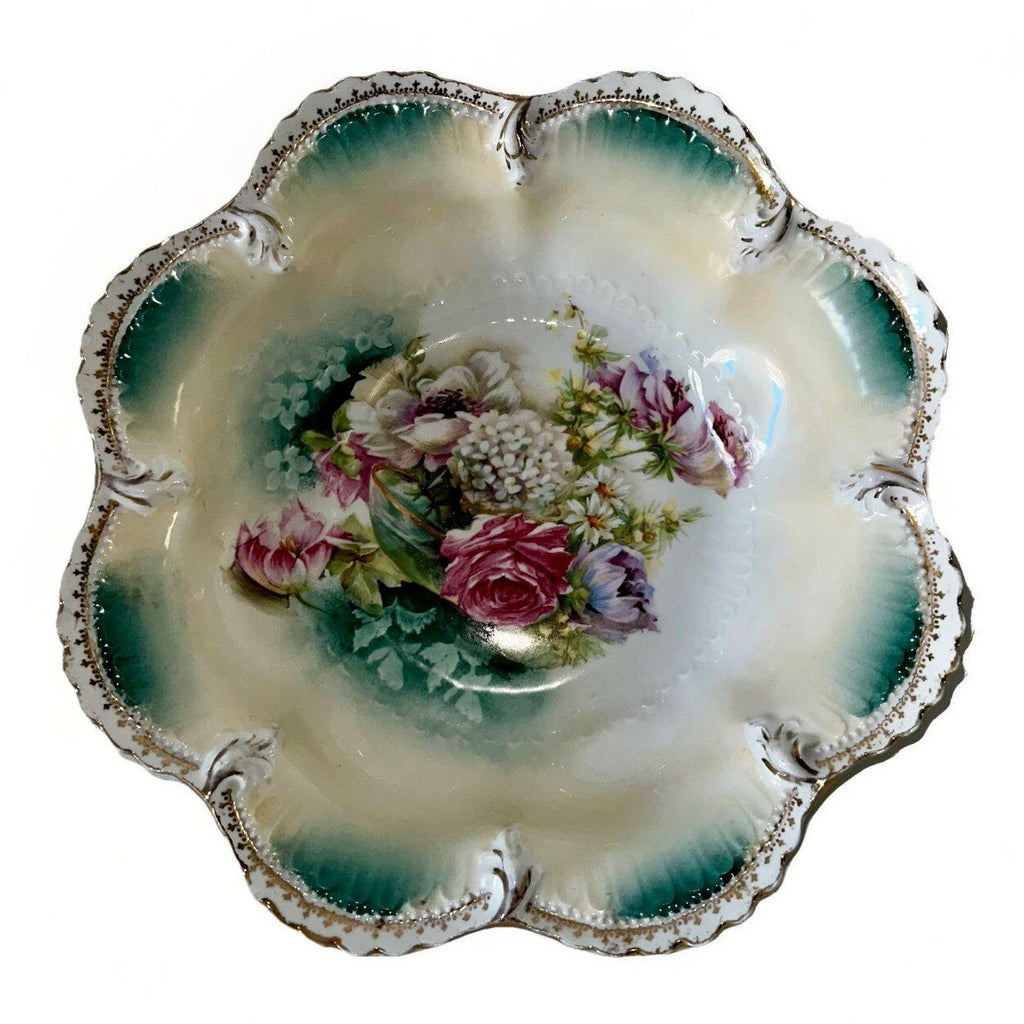 RS Prussia Serving Bowl Scalloped Rim Rose & Hyacinth Bouquet 10 7/8" Antique - AntiquesEtceteraRS Prussia Serving Bowl Scalloped Rim Rose & Hyacinth Bouquet 10 7/8" AntiqueRS PrussiaAntiquesEtcetera