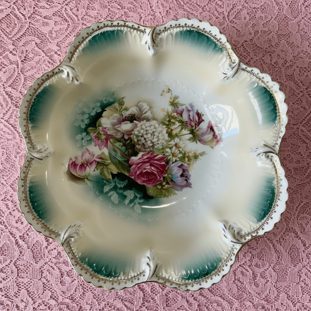 RS Prussia Serving Bowl Scalloped Rim Rose & Hyacinth Bouquet 10 7/8" Antique - AntiquesEtceteraRS Prussia Serving Bowl Scalloped Rim Rose & Hyacinth Bouquet 10 7/8" AntiqueRS PrussiaAntiquesEtcetera