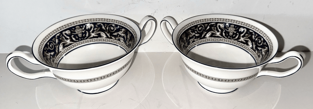 Set 2 Wedgwood Florentine Bone China Cream Soup Bowl & Saucer Griffin Bands Blue - AntiquesEtceteraSet 2 Wedgwood Florentine Bone China Cream Soup Bowl & Saucer Griffin Bands BlueWedgwoodAntiquesEtcetera