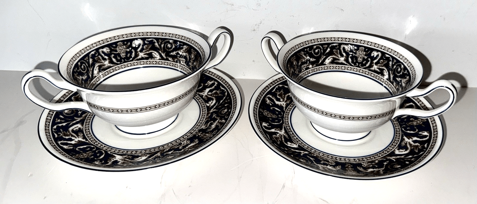 Set 2 Wedgwood Florentine Bone China Cream Soup Bowl & Saucer Griffin Bands Blue - AntiquesEtceteraSet 2 Wedgwood Florentine Bone China Cream Soup Bowl & Saucer Griffin Bands BlueWedgwoodAntiquesEtcetera
