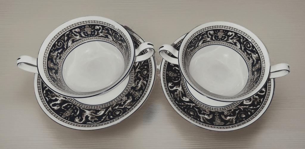 Set 2 Wedgwood Florentine Bone China Cream Soup Bowl & Saucer Griffin Bands Blue - AntiquesEtceteraSet 2 Wedgwood Florentine Bone China Cream Soup Bowl & Saucer Griffin Bands BlueWedgwoodAntiquesEtcetera