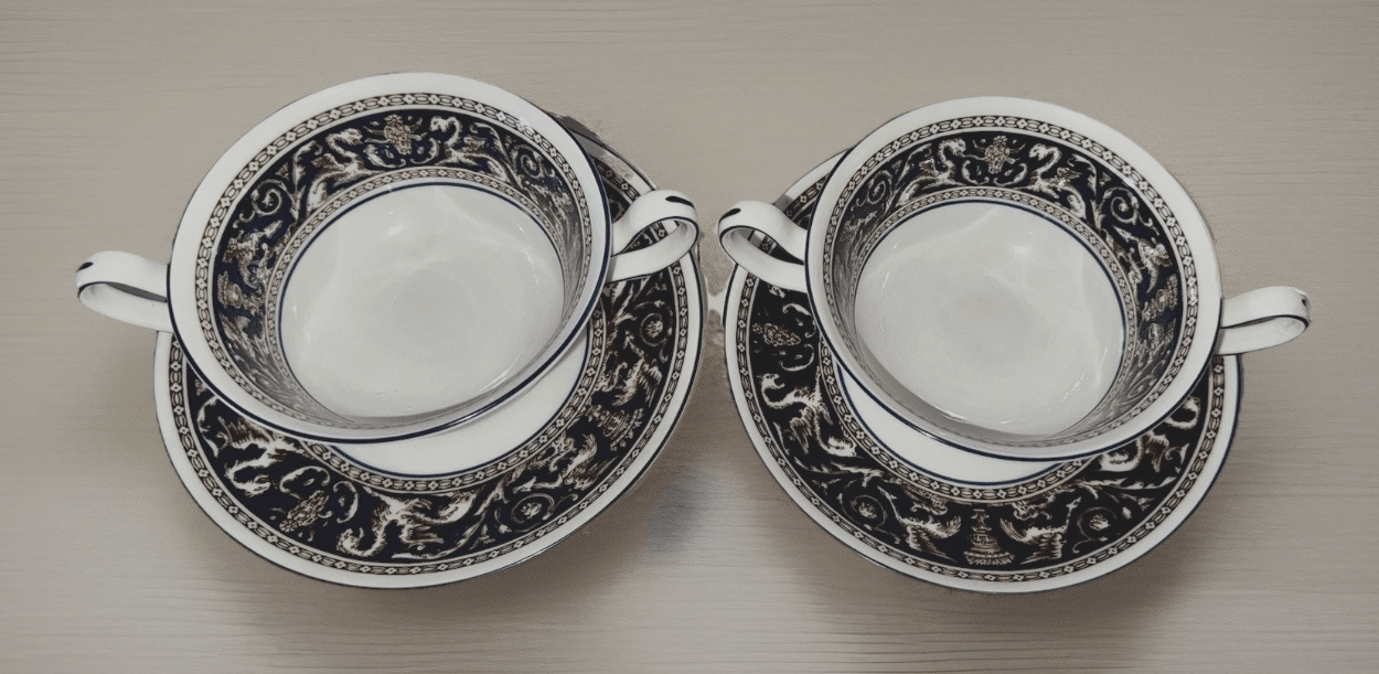 Set 2 Wedgwood Florentine Bone China Cream Soup Bowl & Saucer Griffin Bands Blue - AntiquesEtceteraSet 2 Wedgwood Florentine Bone China Cream Soup Bowl & Saucer Griffin Bands BlueWedgwoodAntiquesEtcetera