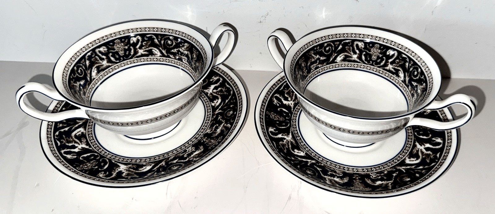 Set 2 Wedgwood Florentine Bone China Cream Soup Bowl & Saucer Griffin Bands Blue - AntiquesEtceteraSet 2 Wedgwood Florentine Bone China Cream Soup Bowl & Saucer Griffin Bands BlueWedgwoodAntiquesEtcetera