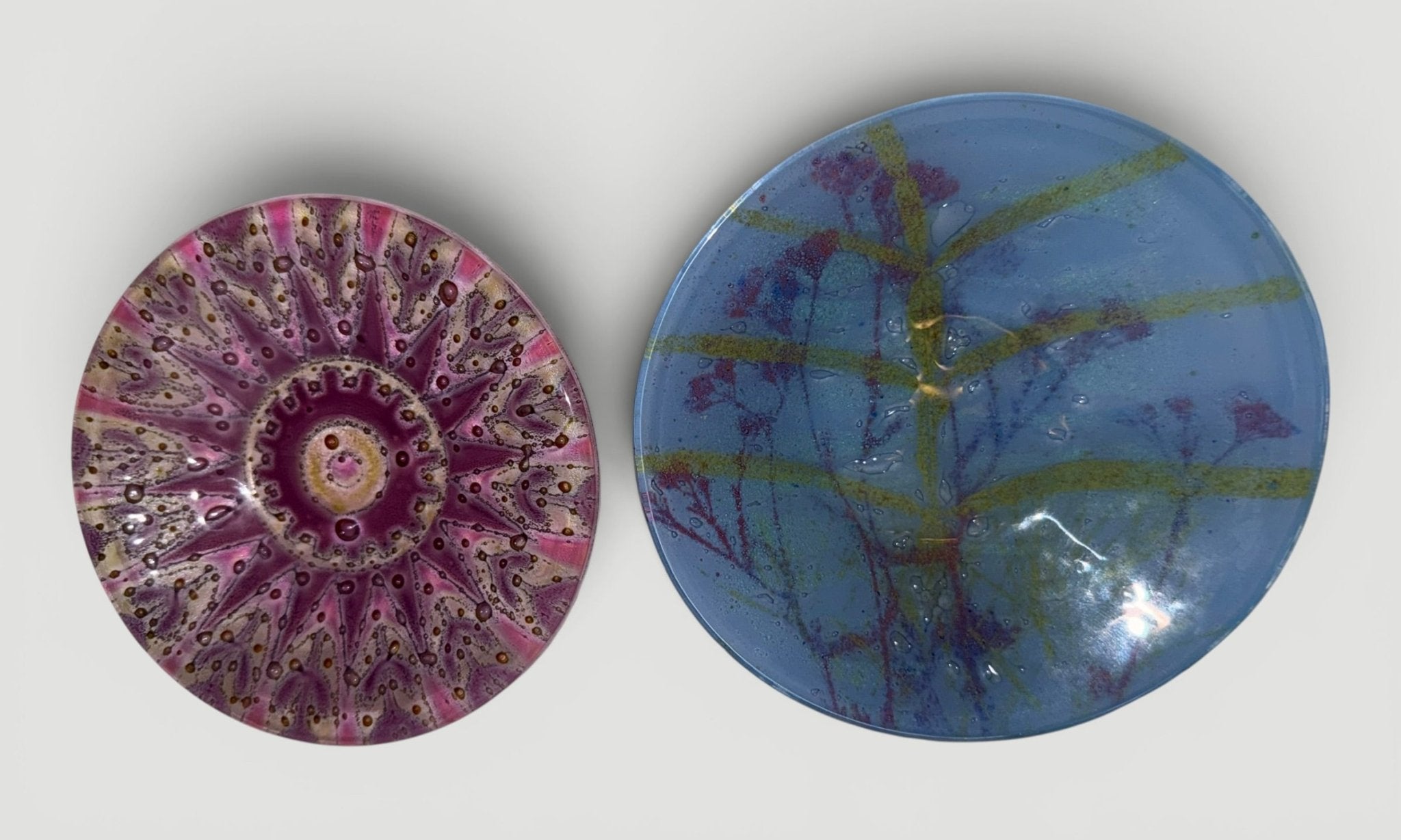 Set of 2 Higgins Fused Art Glass Trinket / Ring Dishes / Blue Dish is SignedAntiquesEtcetera