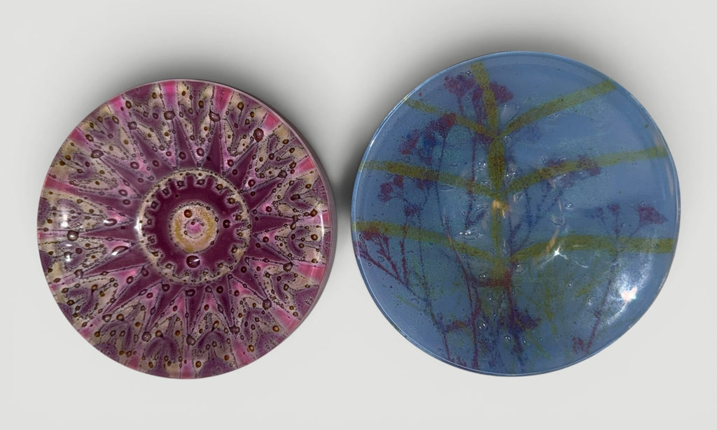 Set of 2 Higgins Fused Art Glass Trinket / Ring Dishes / Blue Dish is SignedAntiquesEtcetera