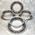 Set of 3 Wedgwood Florentine Bone China Tea Cups w/ 4 Saucers Griffin Bands BlueAntiquesEtcetera