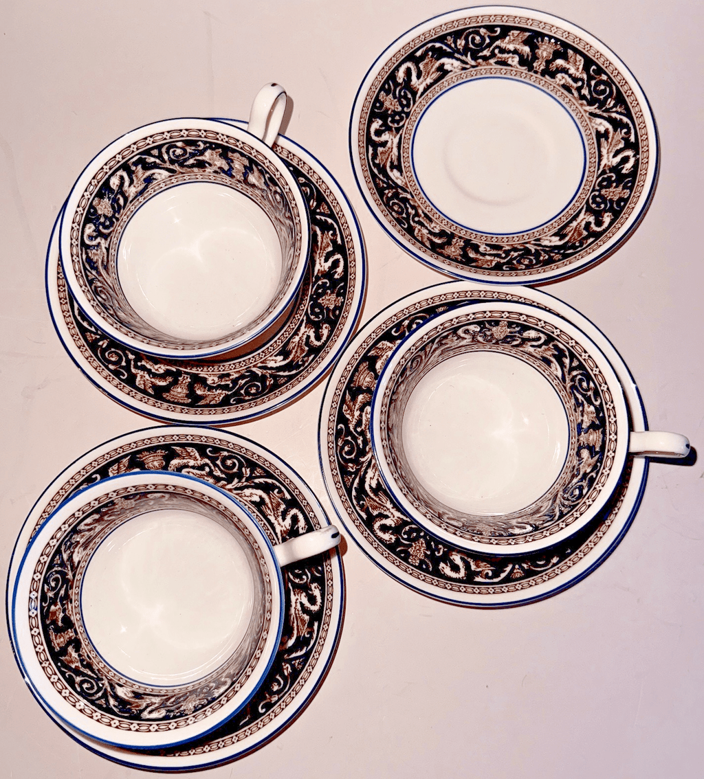 Set of 3 Wedgwood Florentine Bone China Tea Cups w/ 4 Saucers Griffin Bands Blue - AntiquesEtceteraSet of 3 Wedgwood Florentine Bone China Tea Cups w/ 4 Saucers Griffin Bands BlueWedgwoodAntiquesEtcetera