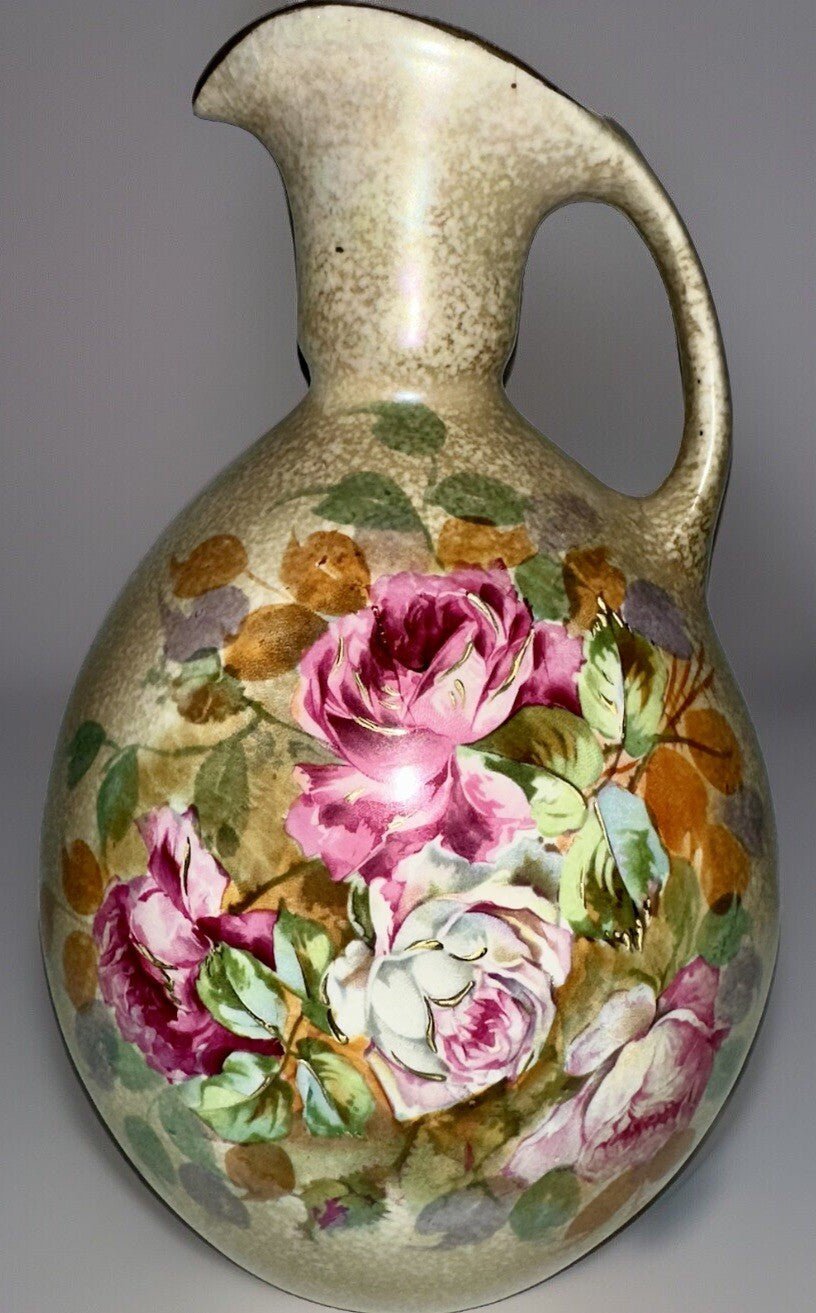 Stellmacher Turn Teplitz Amphora Ewer Pitcher Glorious Pink Roses with Gold Gilt - AntiquesEtceteraStellmacher Turn Teplitz Amphora Ewer Pitcher Glorious Pink Roses with Gold GiltAlfred Stellmacher Turn TeplitzAntiquesEtcetera