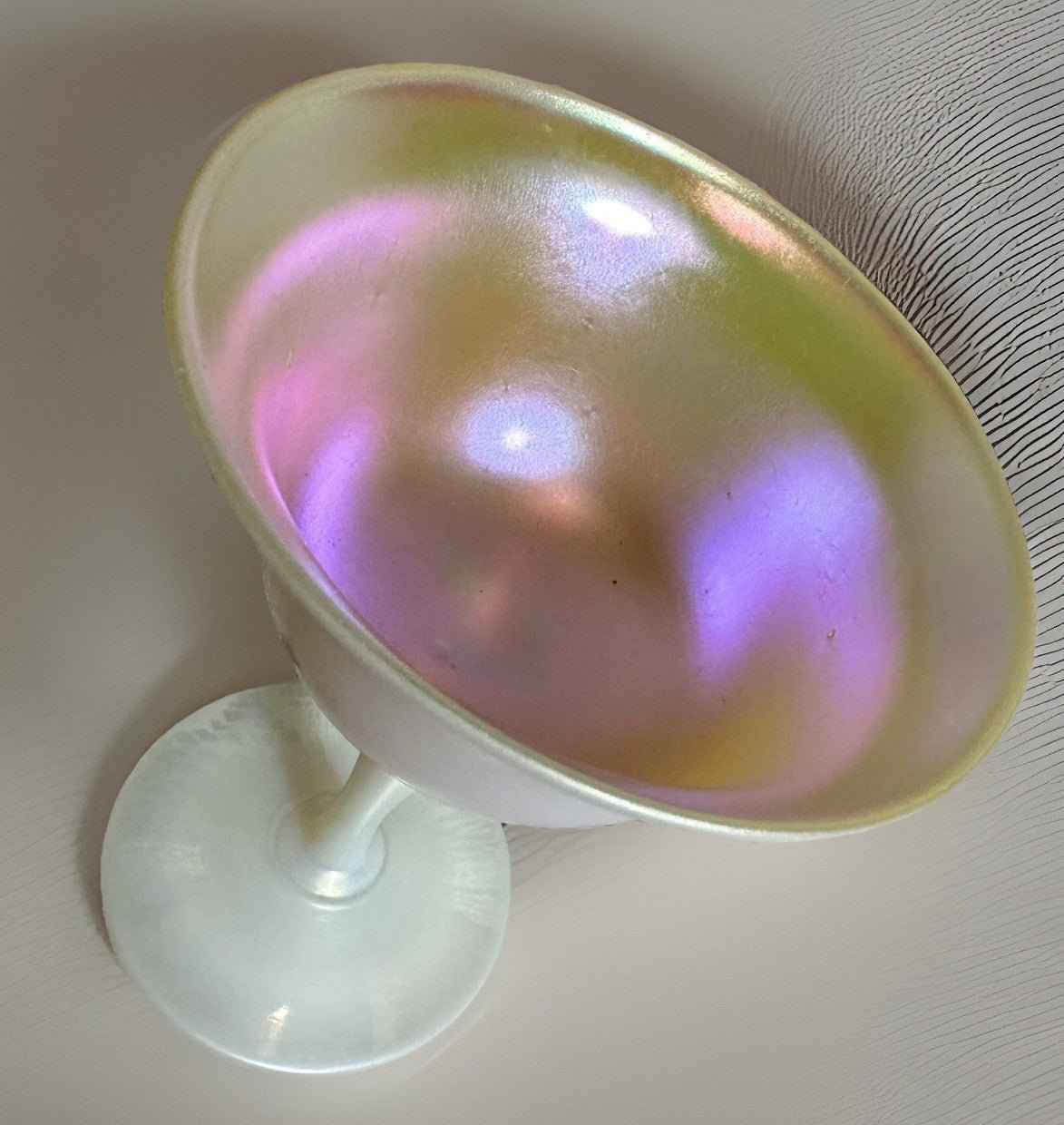 Steuben Calcite Glass Sherbet Signed Iridescent w/ Pink & Golden Highlights - AntiquesEtceteraSteuben Calcite Glass Sherbet Signed Iridescent w/ Pink & Golden HighlightsSteubenAntiquesEtcetera