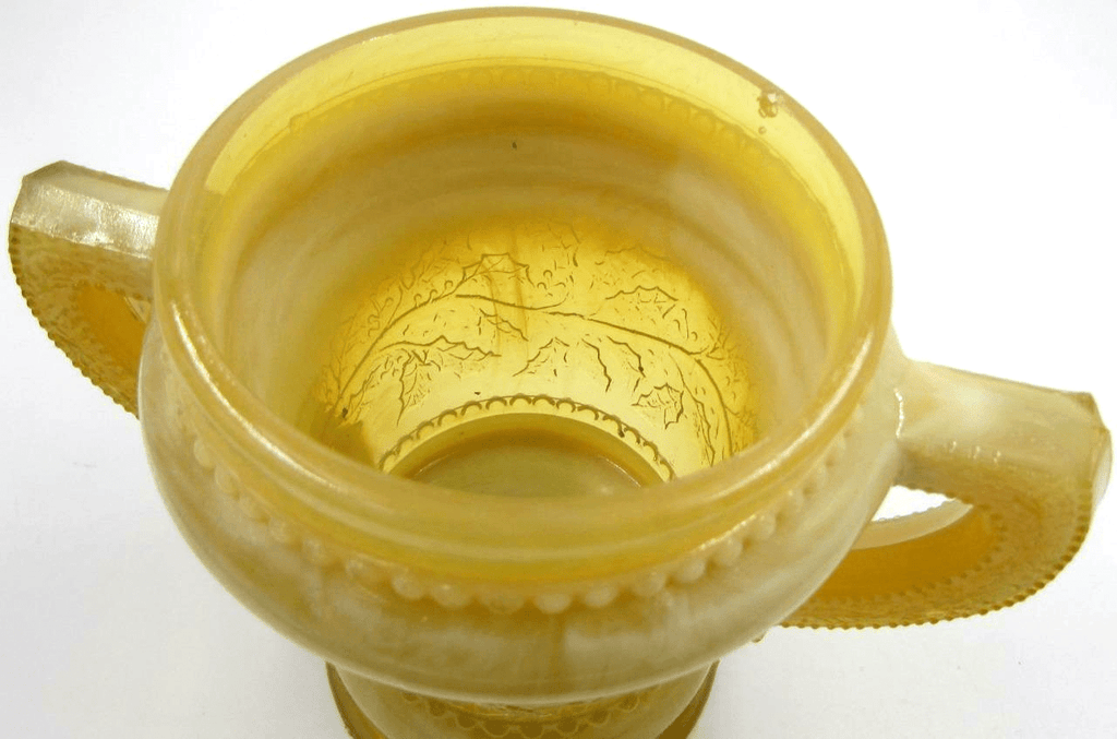 Sugar Bowl Holly Motif 2 Handled Antique Opalescent Yellow Rare Color - AntiquesEtceteraSugar Bowl Holly Motif 2 Handled Antique Opalescent Yellow Rare ColorAntiquesEtceteraAntiquesEtcetera