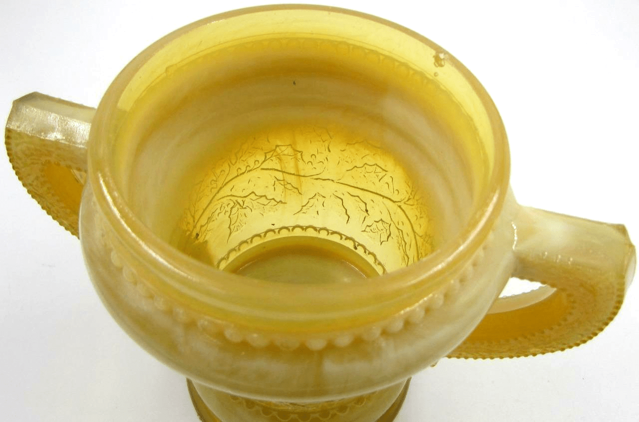 Sugar Bowl Holly Motif 2 Handled Antique Opalescent Yellow Rare Color - AntiquesEtceteraSugar Bowl Holly Motif 2 Handled Antique Opalescent Yellow Rare ColorAntiquesEtceteraAntiquesEtcetera