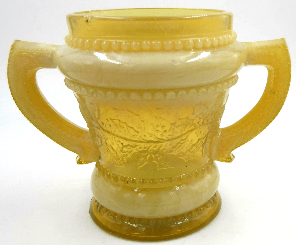 Sugar Bowl Holly Motif 2 Handled Antique Opalescent Yellow Rare Color - AntiquesEtceteraSugar Bowl Holly Motif 2 Handled Antique Opalescent Yellow Rare ColorAntiquesEtceteraAntiquesEtcetera