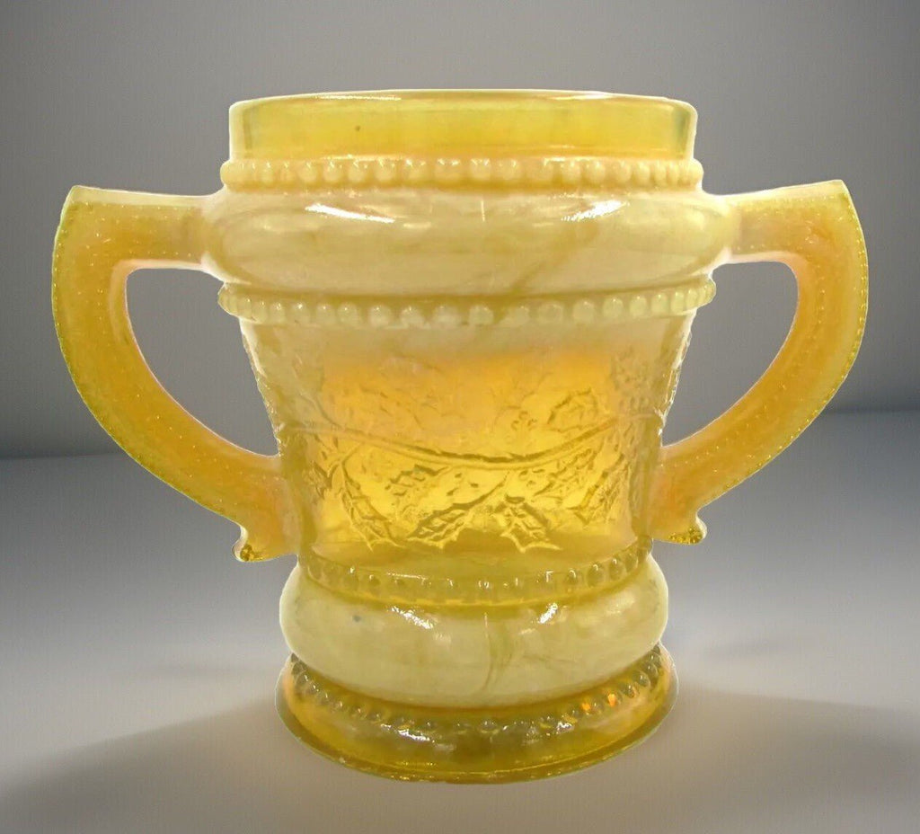 Sugar Bowl Holly Motif 2 Handled Antique Opalescent Yellow Rare Color - AntiquesEtceteraSugar Bowl Holly Motif 2 Handled Antique Opalescent Yellow Rare ColorAntiquesEtceteraAntiquesEtcetera