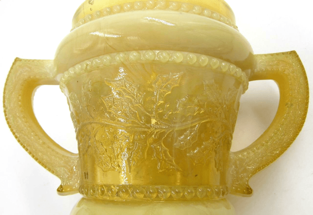 Sugar Bowl Holly Motif 2 Handled Antique Opalescent Yellow Rare Color - AntiquesEtceteraSugar Bowl Holly Motif 2 Handled Antique Opalescent Yellow Rare ColorAntiquesEtceteraAntiquesEtcetera