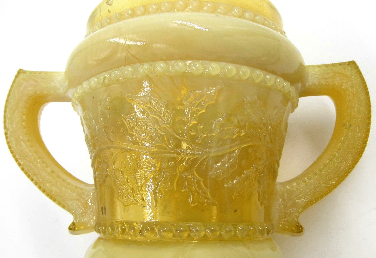 Sugar Bowl Holly Motif 2 Handled Antique Opalescent Yellow Rare Color - AntiquesEtceteraSugar Bowl Holly Motif 2 Handled Antique Opalescent Yellow Rare ColorAntiquesEtceteraAntiquesEtcetera