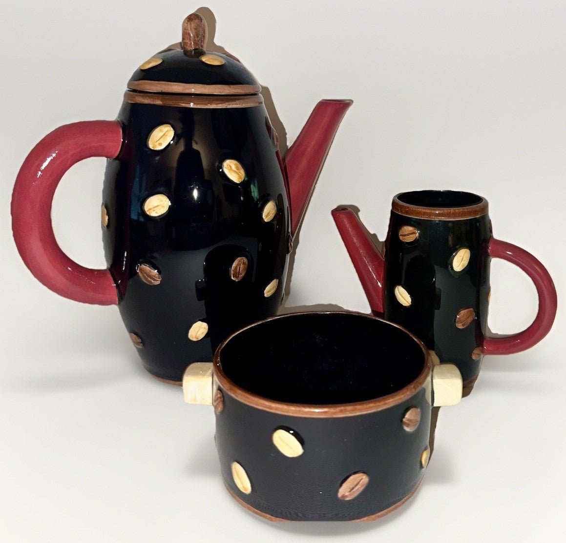 Swid Powell "Bean" Coffee or Tea Pot Set with Sugar and Creamer Charles Masson - AntiquesEtceteraSwid Powell "Bean" Coffee or Tea Pot Set with Sugar and Creamer Charles MassonSwid PowellAntiquesEtcetera