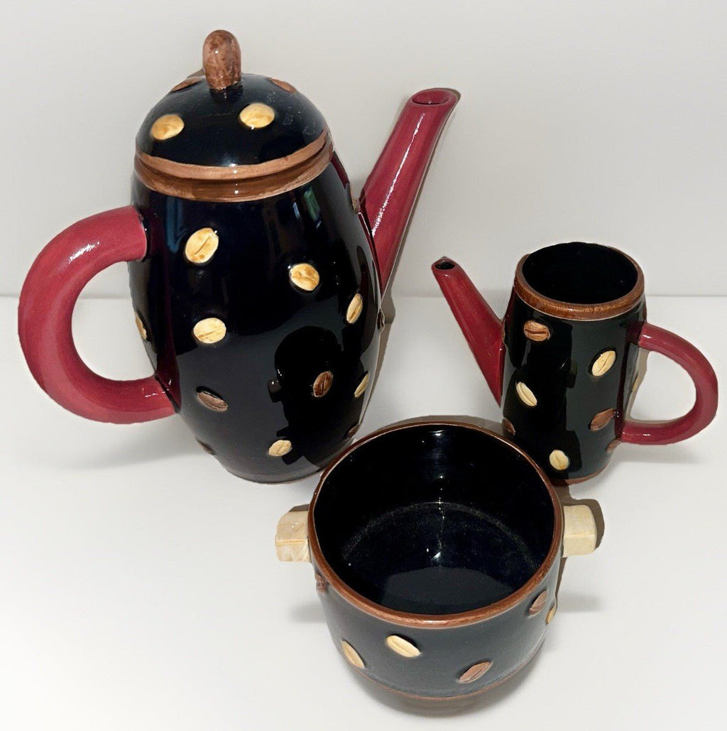 Swid Powell "Bean" Coffee or Tea Pot Set with Sugar and Creamer Charles Masson - AntiquesEtceteraSwid Powell "Bean" Coffee or Tea Pot Set with Sugar and Creamer Charles MassonSwid PowellAntiquesEtcetera