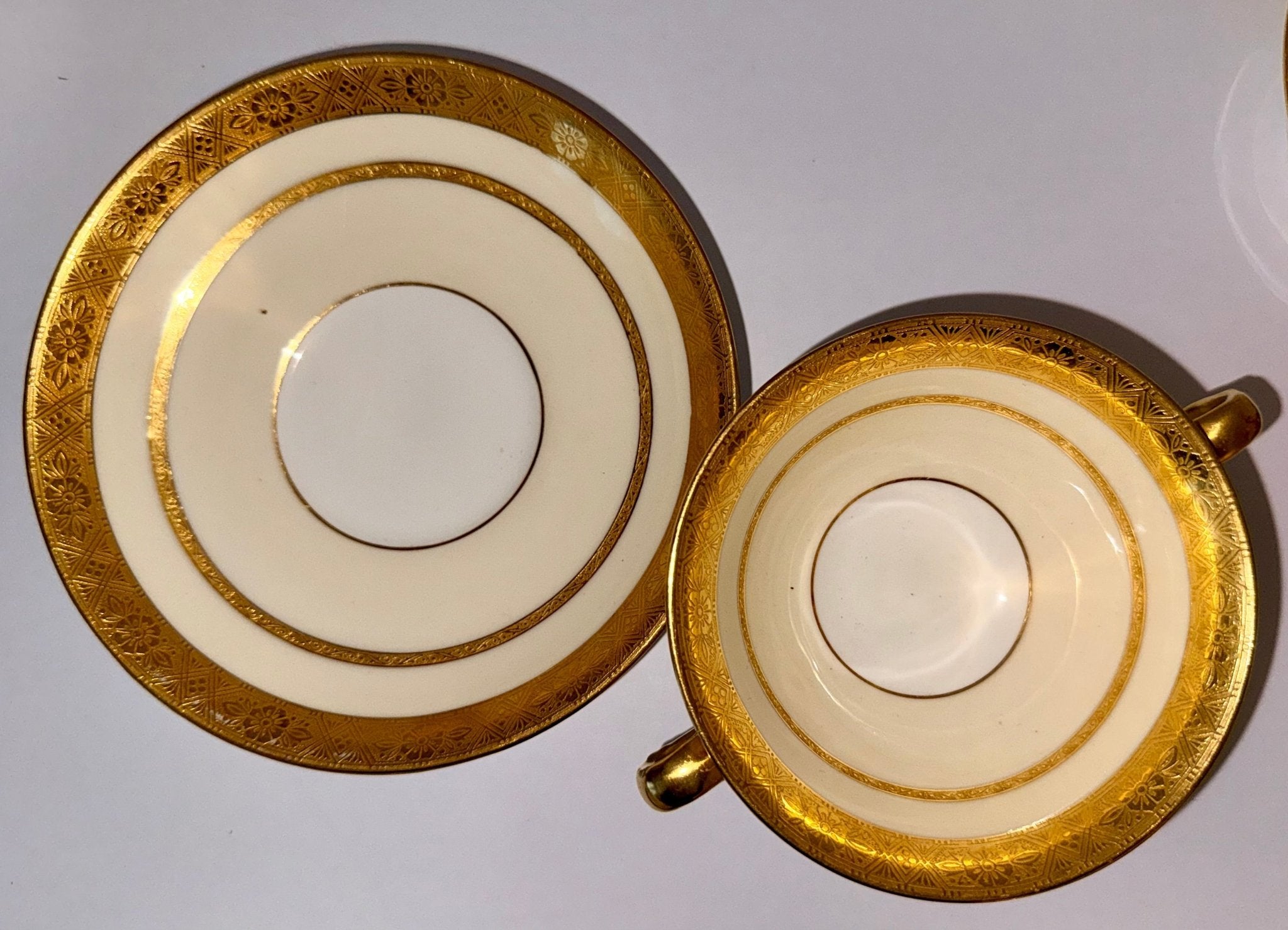 Tiffany & Co. by Minton's Gold Encrusted Cream Soup Cups & Saucers Set of 11 - AntiquesEtceteraTiffany & Co. by Minton's Gold Encrusted Cream Soup Cups & Saucers Set of 11Elegant / Collectible DinnerwareMintons for Tiffany & Co.AntiquesEtcetera
