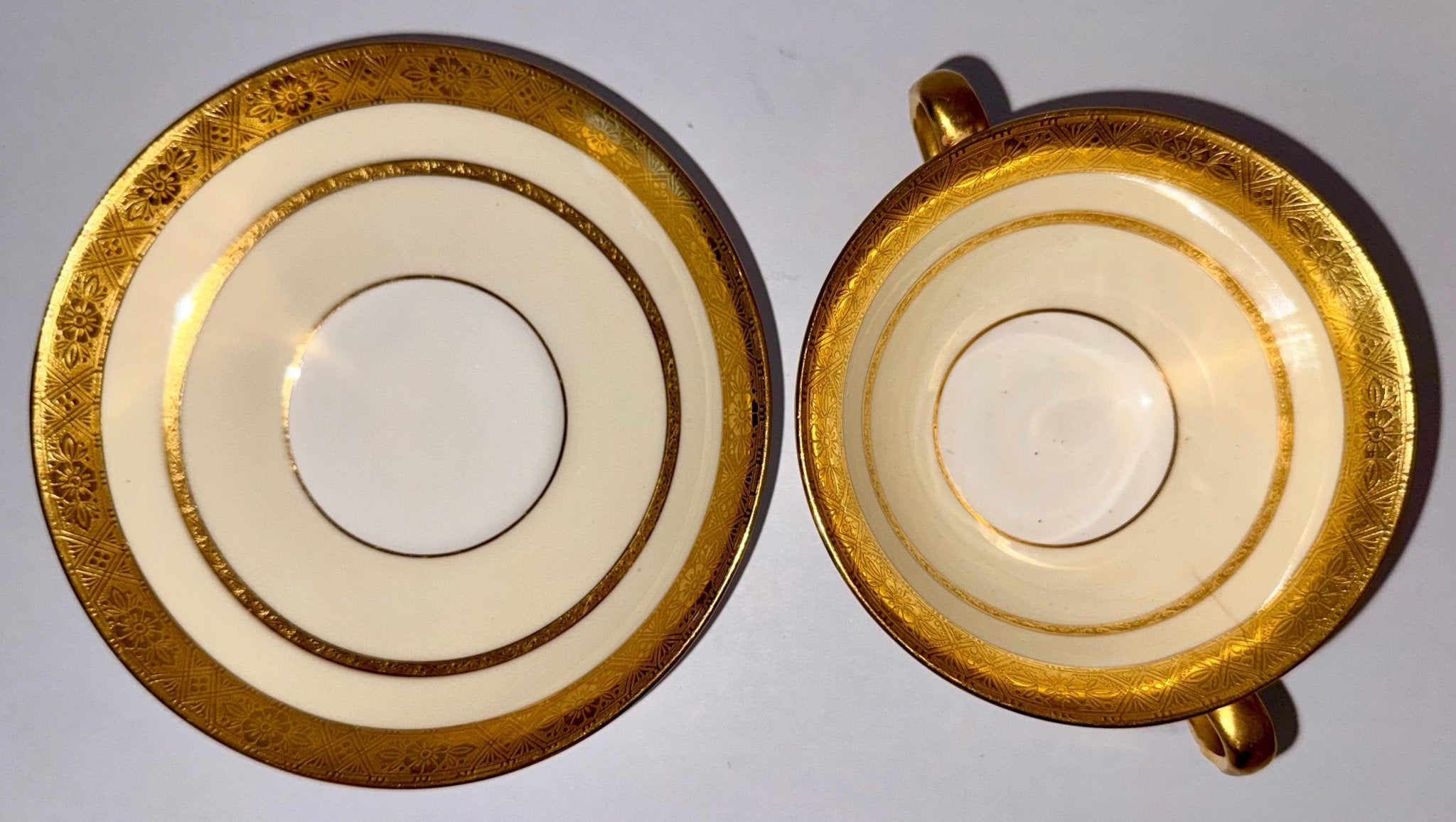 Tiffany & Co. by Minton's Gold Encrusted Cream Soup Cups & Saucers Set of 11 - AntiquesEtceteraTiffany & Co. by Minton's Gold Encrusted Cream Soup Cups & Saucers Set of 11Elegant / Collectible DinnerwareMintons for Tiffany & Co.AntiquesEtcetera