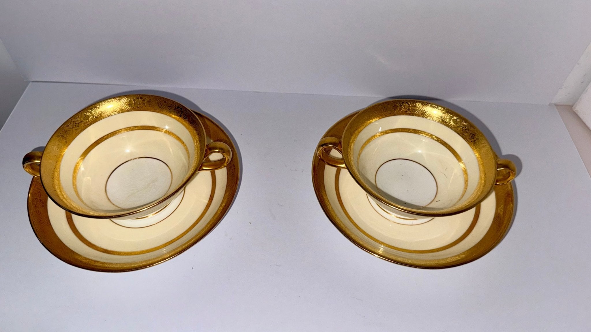 Tiffany & Co. by Minton's Gold Encrusted Cream Soup Cups & Saucers Set of 11 - AntiquesEtceteraTiffany & Co. by Minton's Gold Encrusted Cream Soup Cups & Saucers Set of 11Elegant / Collectible DinnerwareMintons for Tiffany & Co.AntiquesEtcetera