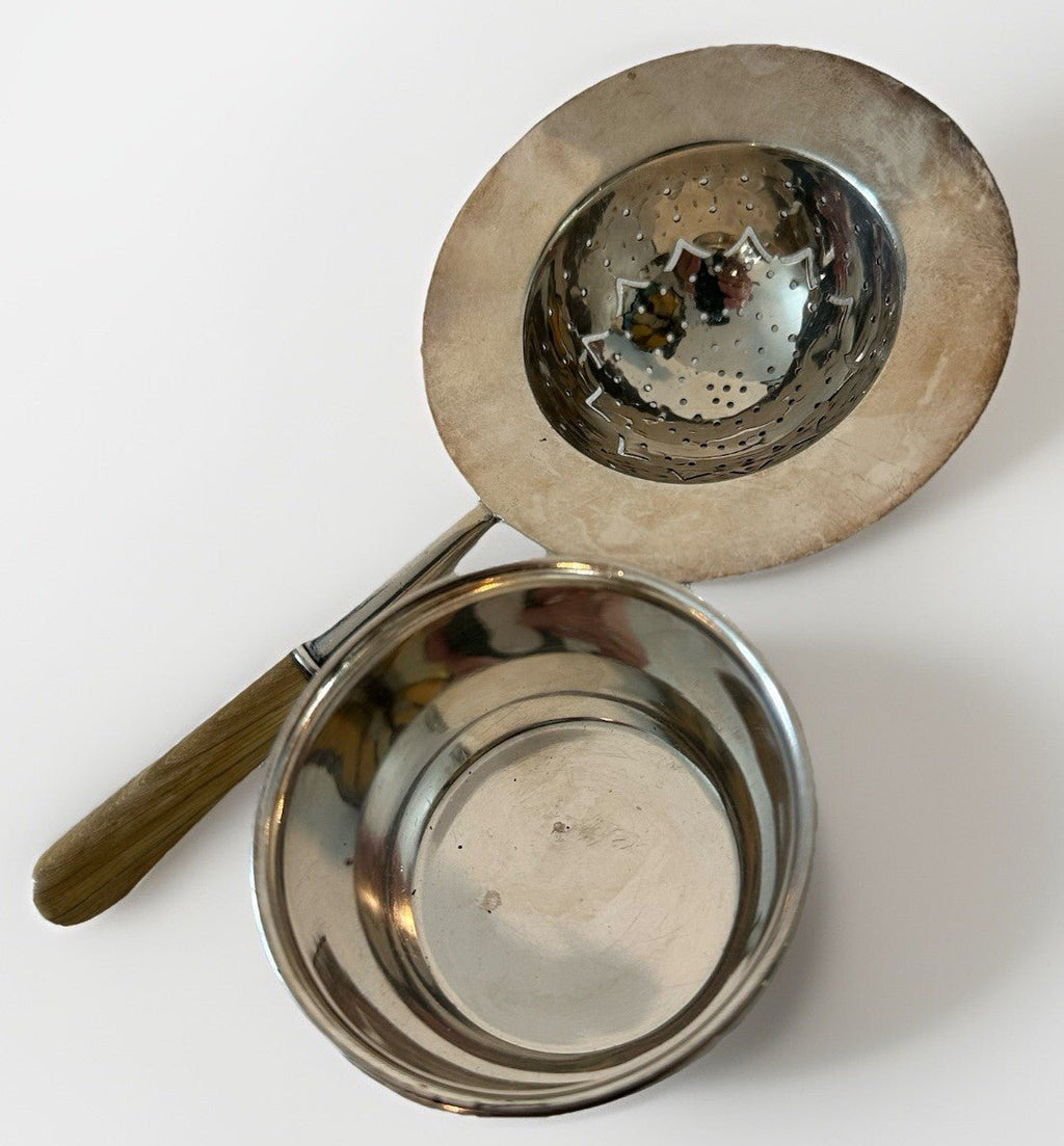 Tiffany & Co Silver Plate Tea Strainer w/ Fruitwood Handle & Silver Holder / Cup - AntiquesEtceteraTiffany & Co Silver Plate Tea Strainer w/ Fruitwood Handle & Silver Holder / CupTiffany & Co.AntiquesEtcetera