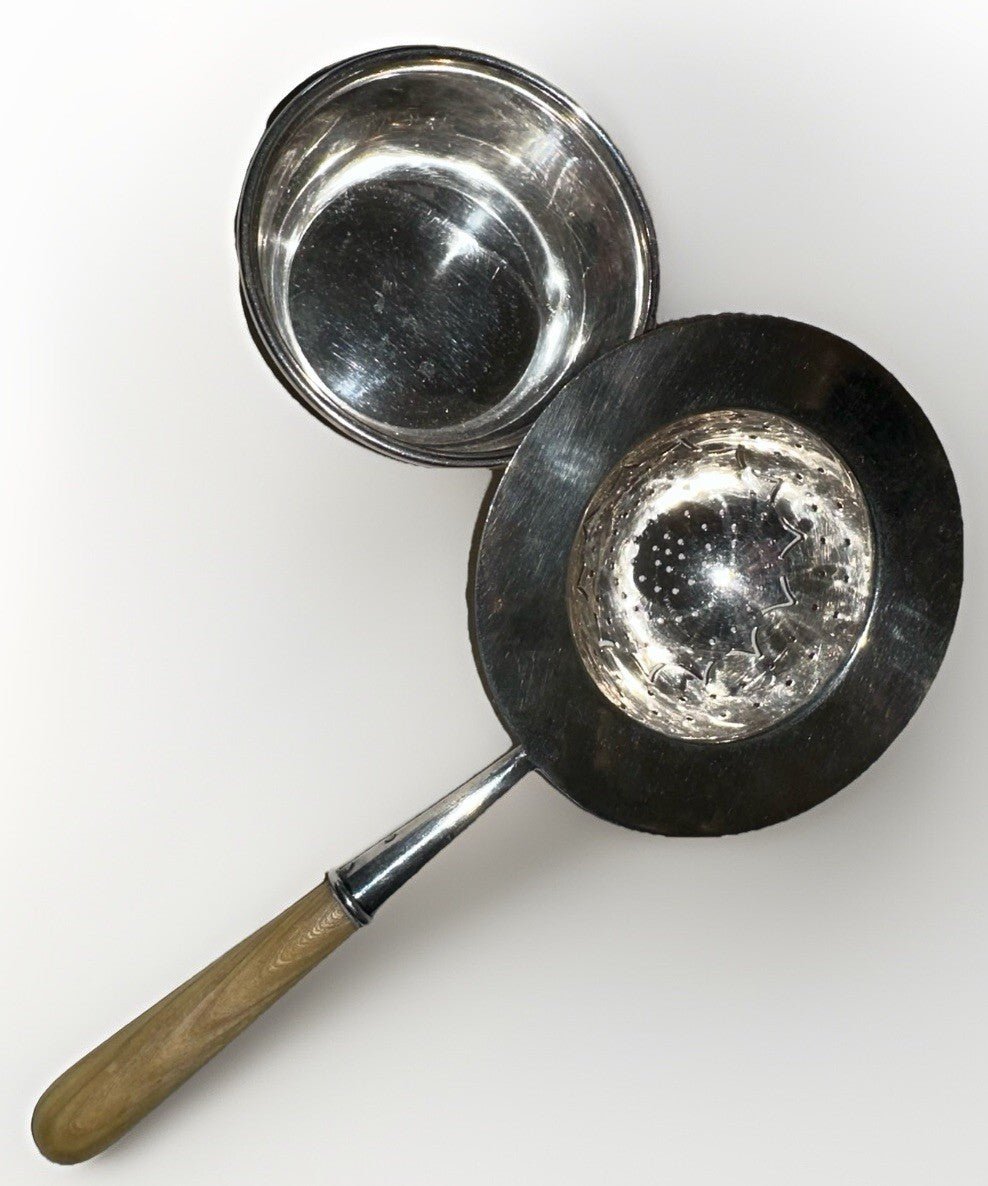 Tiffany & Co Silver Plate Tea Strainer w/ Fruitwood Handle & Silver Holder / Cup - AntiquesEtceteraTiffany & Co Silver Plate Tea Strainer w/ Fruitwood Handle & Silver Holder / CupTiffany & Co.AntiquesEtcetera