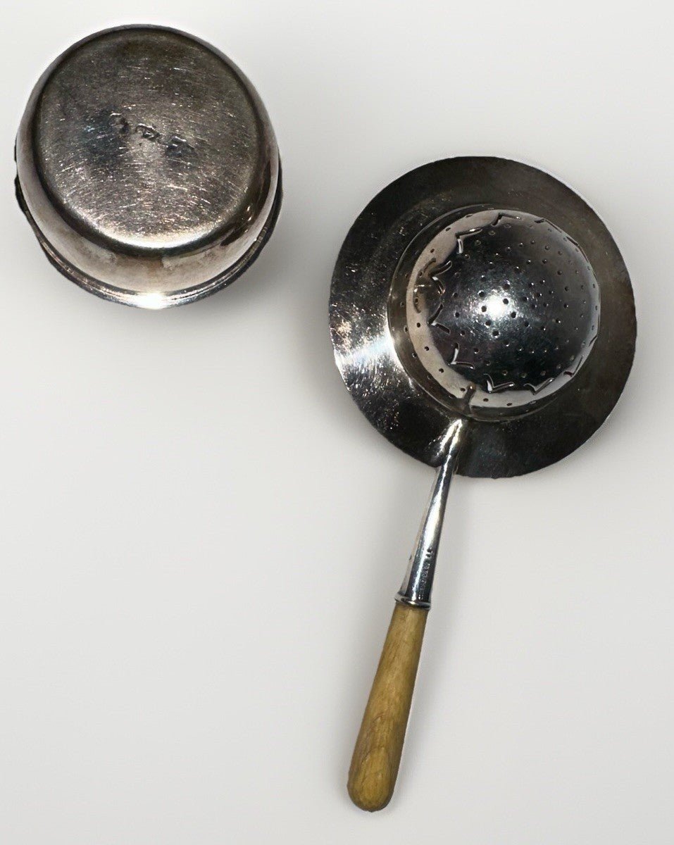 Tiffany & Co Silver Plate Tea Strainer w/ Fruitwood Handle & Silver Holder / Cup - AntiquesEtceteraTiffany & Co Silver Plate Tea Strainer w/ Fruitwood Handle & Silver Holder / CupTiffany & Co.AntiquesEtcetera