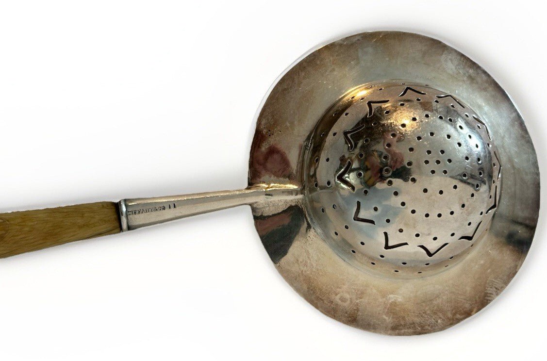 Tiffany & Co Silver Plate Tea Strainer w/ Fruitwood Handle & Silver Holder / Cup - AntiquesEtceteraTiffany & Co Silver Plate Tea Strainer w/ Fruitwood Handle & Silver Holder / CupTiffany & Co.AntiquesEtcetera