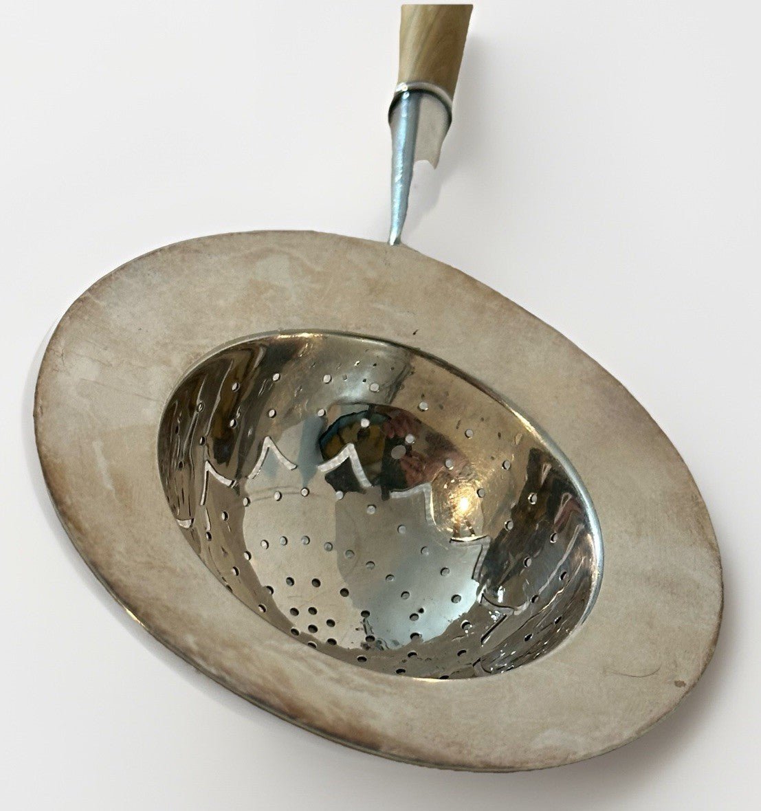 Tiffany & Co Silver Plate Tea Strainer w/ Fruitwood Handle & Silver Holder / Cup - AntiquesEtceteraTiffany & Co Silver Plate Tea Strainer w/ Fruitwood Handle & Silver Holder / CupTiffany & Co.AntiquesEtcetera
