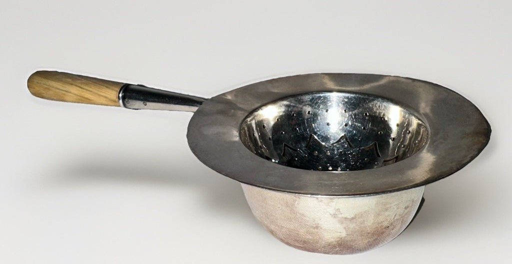 Tiffany & Co Silver Plate Tea Strainer w/ Fruitwood Handle & Silver Holder / Cup - AntiquesEtceteraTiffany & Co Silver Plate Tea Strainer w/ Fruitwood Handle & Silver Holder / CupTiffany & Co.AntiquesEtcetera