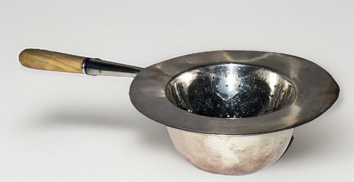 Tiffany & Co Silver Plate Tea Strainer w/ Fruitwood Handle & Silver Holder / Cup - AntiquesEtceteraTiffany & Co Silver Plate Tea Strainer w/ Fruitwood Handle & Silver Holder / CupTiffany & Co.AntiquesEtcetera