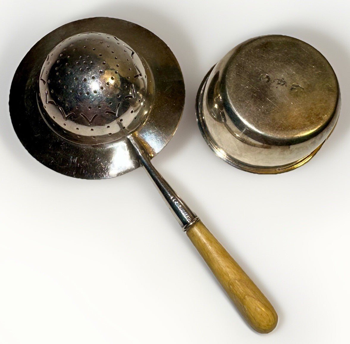 Tiffany & Co Silver Plate Tea Strainer w/ Fruitwood Handle & Silver Holder / Cup - AntiquesEtceteraTiffany & Co Silver Plate Tea Strainer w/ Fruitwood Handle & Silver Holder / CupTiffany & Co.AntiquesEtcetera