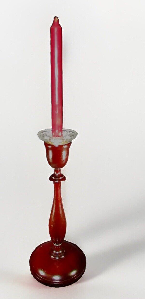 Turned Wood Antique Candlestick 13 1/2" Tall, 5 7/8" Base with Glass Bobeche - AntiquesEtceteraTurned Wood Antique Candlestick 13 1/2" Tall, 5 7/8" Base with Glass BobecheUnbrandedAntiquesEtcetera