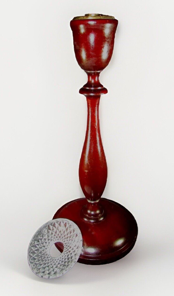 Turned Wood Antique Candlestick 13 1/2" Tall, 5 7/8" Base with Glass Bobeche - AntiquesEtceteraTurned Wood Antique Candlestick 13 1/2" Tall, 5 7/8" Base with Glass BobecheUnbrandedAntiquesEtcetera