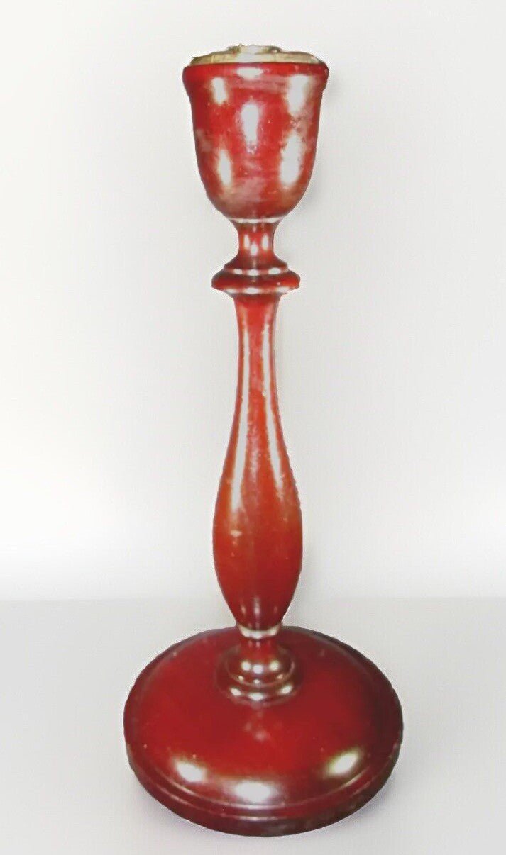 Turned Wood Antique Candlestick 13 1/2" Tall, 5 7/8" Base with Glass Bobeche - AntiquesEtceteraTurned Wood Antique Candlestick 13 1/2" Tall, 5 7/8" Base with Glass BobecheUnbrandedAntiquesEtcetera