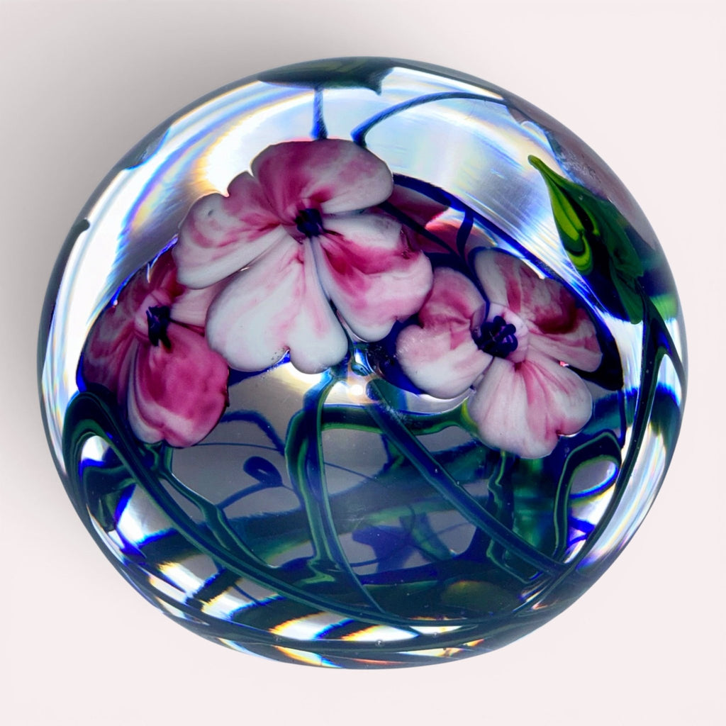 Two-Layer Magnum Paperweight Dual Layer Floral Pink & White 4" High Richard OlmaAntiquesEtcetera