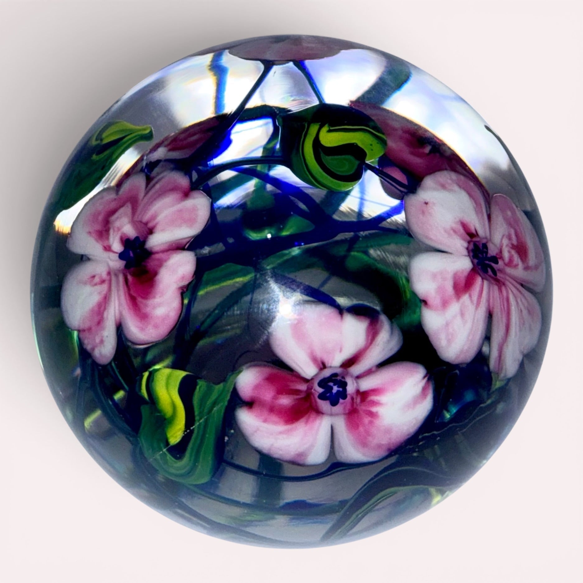 Two-Layer Magnum Paperweight Dual Layer Floral Pink & White 4" High Richard OlmaAntiquesEtcetera