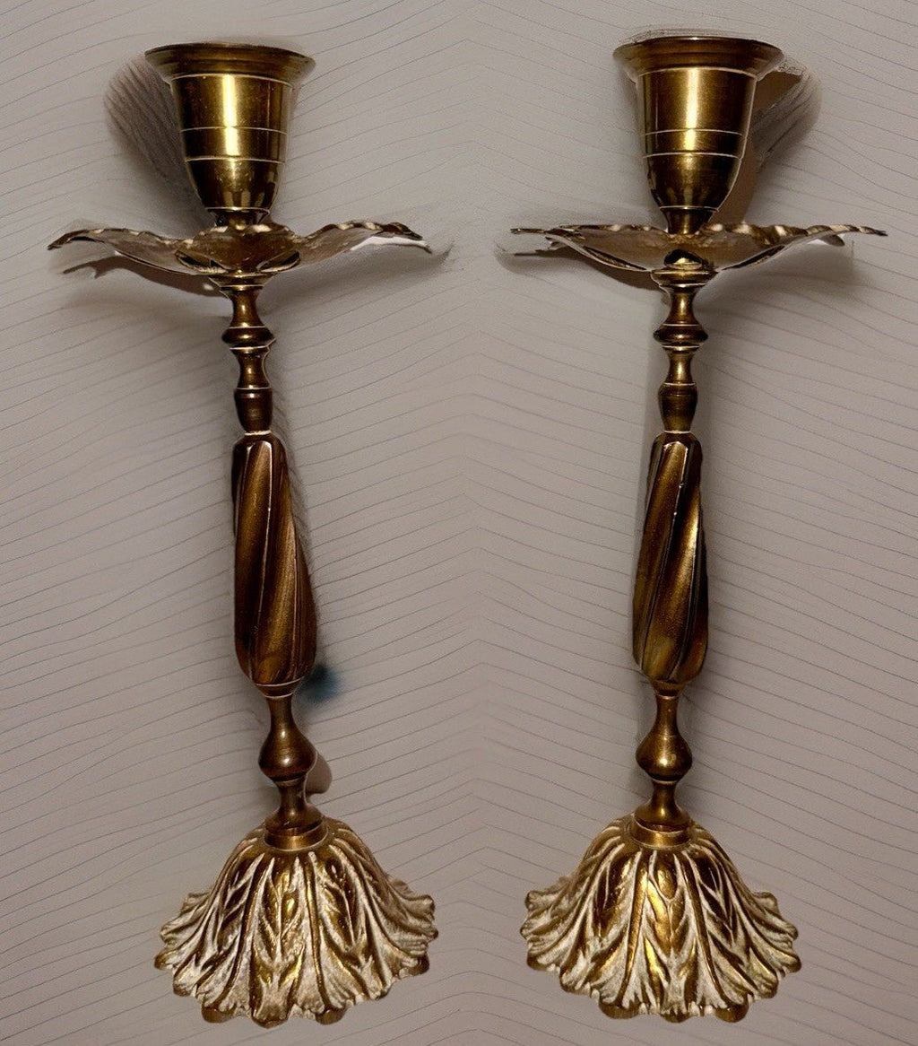 Unusual Pair Brass Candlesticks with Leafy Bobeches and Bases 8 1/4" High - AntiquesEtceteraUnusual Pair Brass Candlesticks with Leafy Bobeches and Bases 8 1/4" HighUnbrandedAntiquesEtcetera