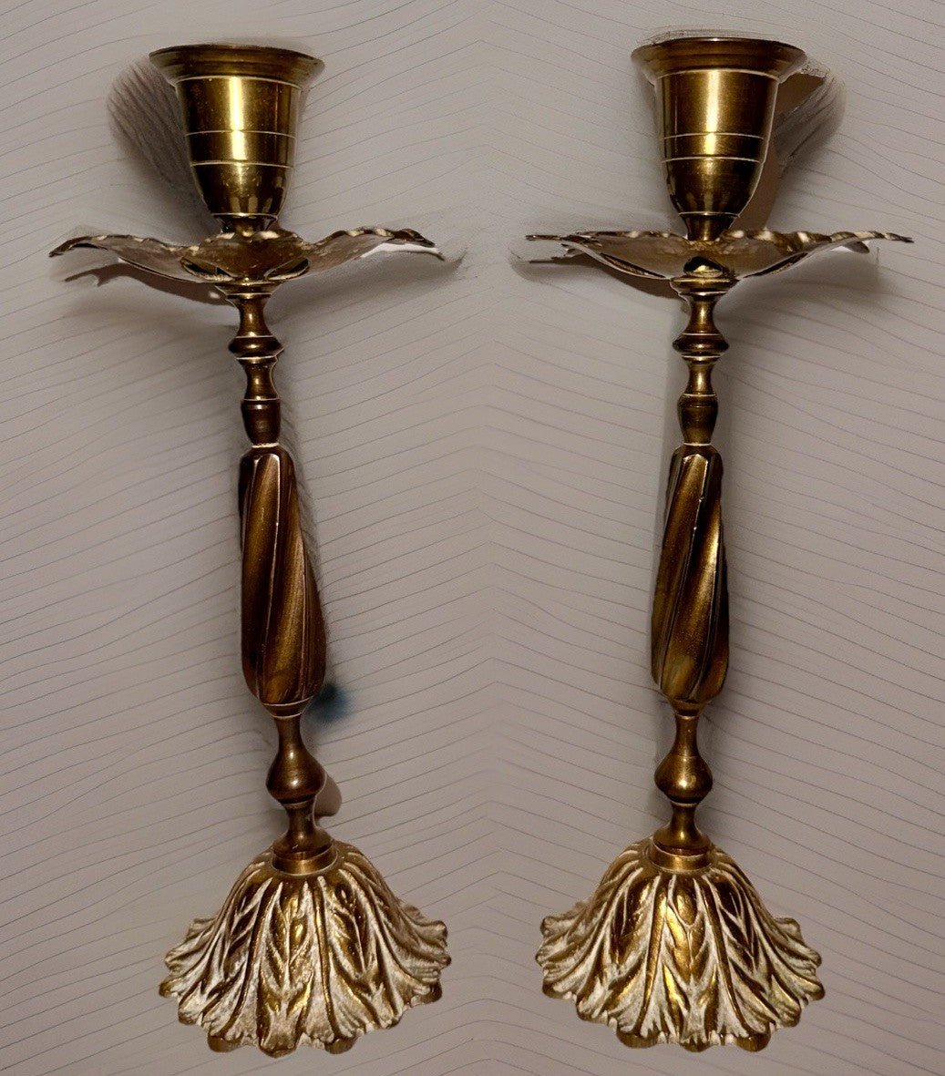 Unusual Pair Brass Candlesticks with Leafy Bobeches and Bases 8 1/4" High - AntiquesEtceteraUnusual Pair Brass Candlesticks with Leafy Bobeches and Bases 8 1/4" HighUnbrandedAntiquesEtcetera