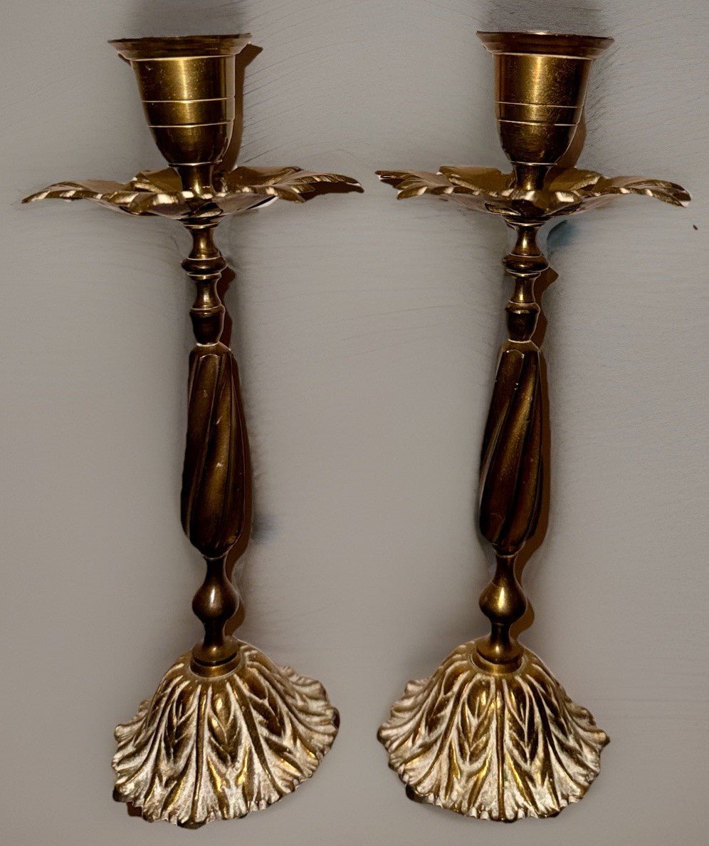 Unusual Pair Brass Candlesticks with Leafy Bobeches and Bases 8 1/4" High - AntiquesEtceteraUnusual Pair Brass Candlesticks with Leafy Bobeches and Bases 8 1/4" HighUnbrandedAntiquesEtcetera