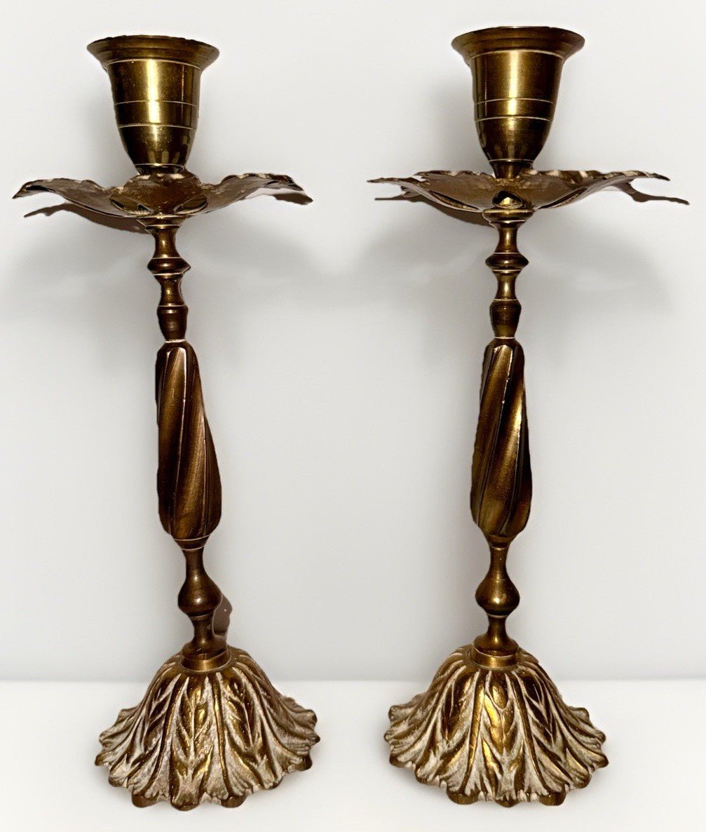 Unusual Pair Brass Candlesticks with Leafy Bobeches and Bases 8 1/4" High - AntiquesEtceteraUnusual Pair Brass Candlesticks with Leafy Bobeches and Bases 8 1/4" HighUnbrandedAntiquesEtcetera