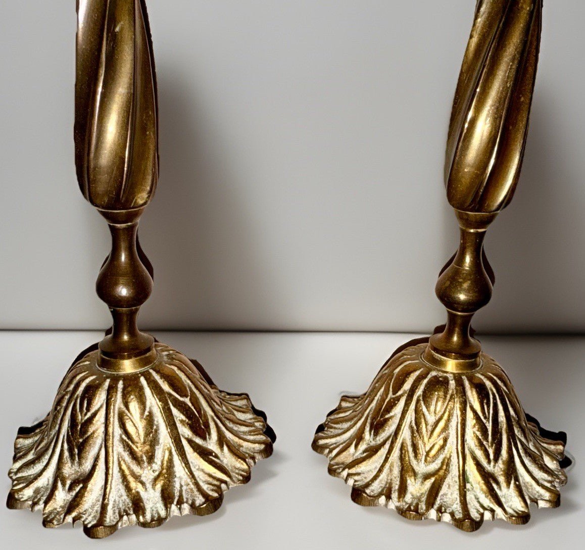 Unusual Pair Brass Candlesticks with Leafy Bobeches and Bases 8 1/4" High - AntiquesEtceteraUnusual Pair Brass Candlesticks with Leafy Bobeches and Bases 8 1/4" HighUnbrandedAntiquesEtcetera