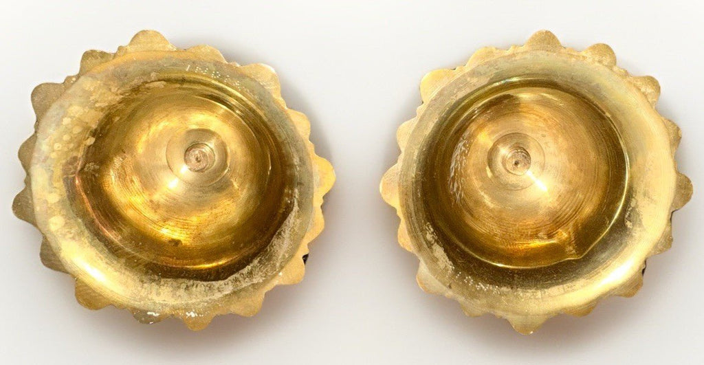 Unusual Pair Brass Candlesticks with Leafy Bobeches and Bases 8 1/4" High - AntiquesEtceteraUnusual Pair Brass Candlesticks with Leafy Bobeches and Bases 8 1/4" HighUnbrandedAntiquesEtcetera