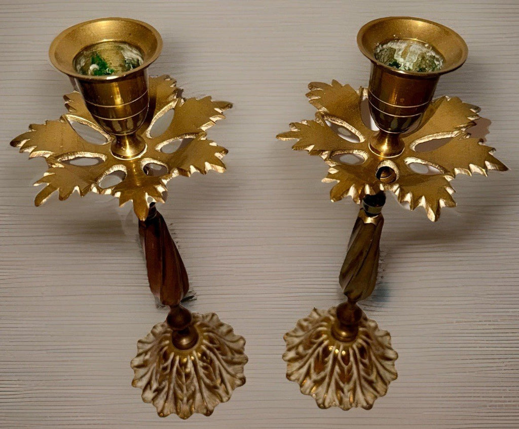 Unusual Pair Brass Candlesticks with Leafy Bobeches and Bases 8 1/4" High - AntiquesEtceteraUnusual Pair Brass Candlesticks with Leafy Bobeches and Bases 8 1/4" HighUnbrandedAntiquesEtcetera