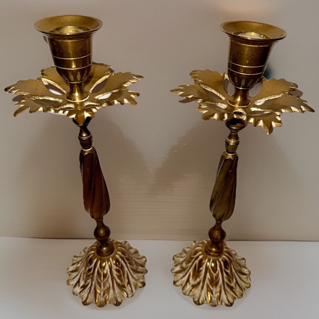 Unusual Pair Brass Candlesticks with Leafy Bobeches and Bases 8 1/4" High - AntiquesEtceteraUnusual Pair Brass Candlesticks with Leafy Bobeches and Bases 8 1/4" HighUnbrandedAntiquesEtcetera