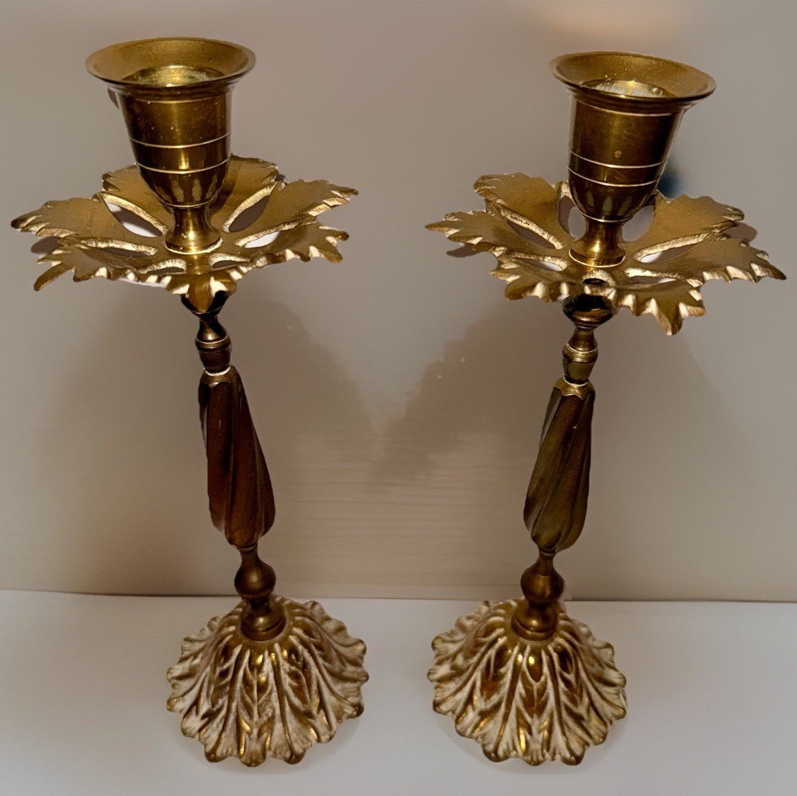 Unusual Pair Brass Candlesticks with Leafy Bobeches and Bases 8 1/4" High - AntiquesEtceteraUnusual Pair Brass Candlesticks with Leafy Bobeches and Bases 8 1/4" HighUnbrandedAntiquesEtcetera