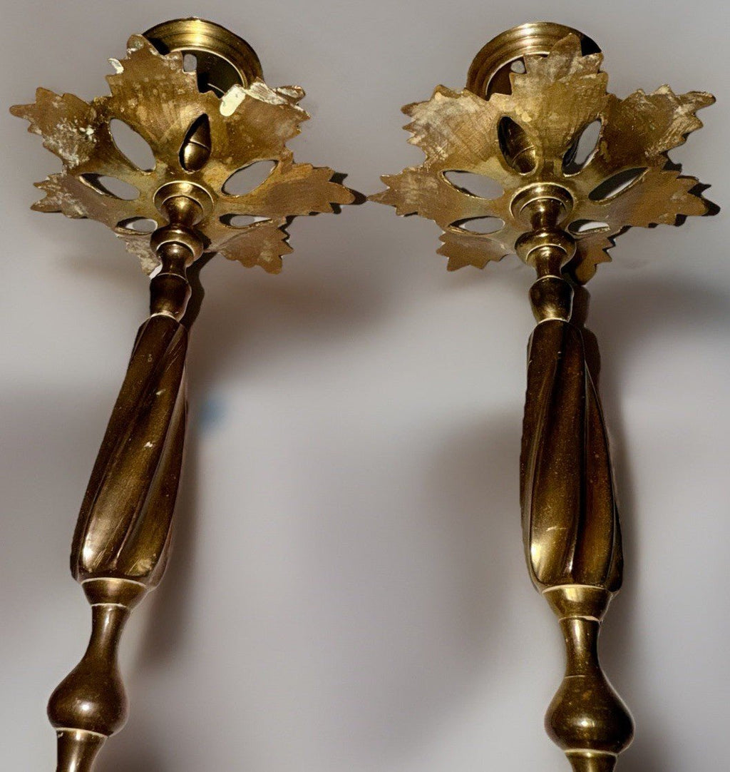 Unusual Pair Brass Candlesticks with Leafy Bobeches and Bases 8 1/4" High - AntiquesEtceteraUnusual Pair Brass Candlesticks with Leafy Bobeches and Bases 8 1/4" HighUnbrandedAntiquesEtcetera